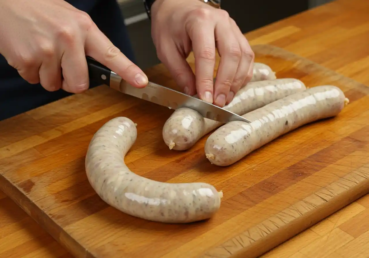 Bratwurst vorbereiten, indem Einschnitte für gleichmäßiges Kochen in einer Heißluftfritteuse gemacht werden.