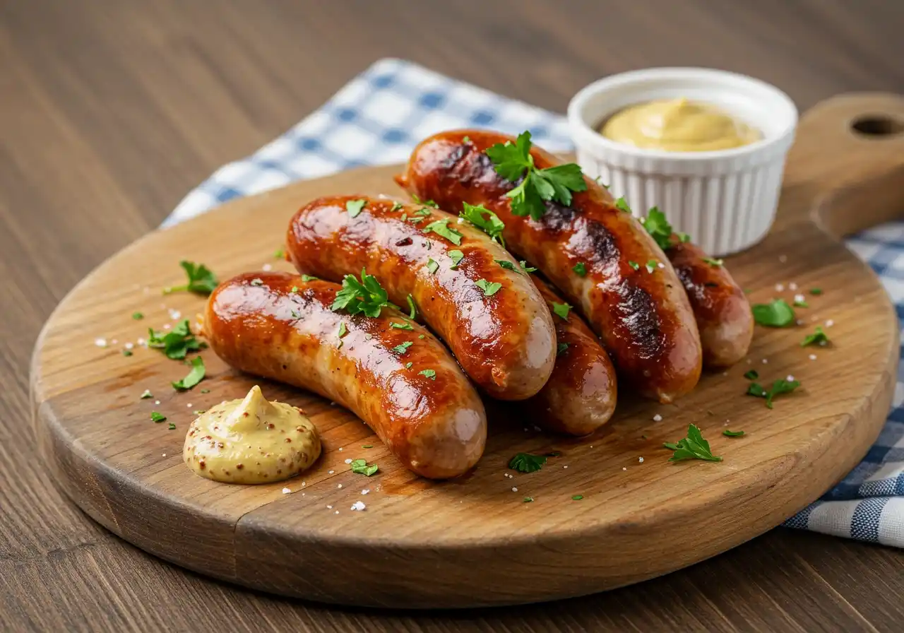 Frisch zubereitete Bratwurst aus der Heißluftfritteuse, serviert auf einem rustikalen Holzbrett mit frischen Kräutern und Senfsauce.