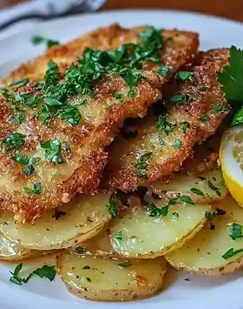 Wiener Schnitzel serviert mit dünn geschnittenem Kartoffelsalat als Beilage Wiener Schnitzel.