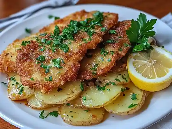 Wiener Schnitzel serviert mit dünn geschnittenem Kartoffelsalat als Beilage Wiener Schnitzel.