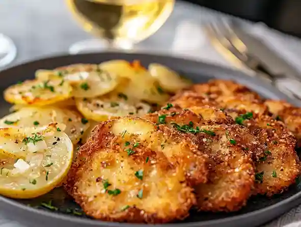 Wiener Schnitzel und Kartoffelsalat, serviert als Beilage Wiener Schnitzel.