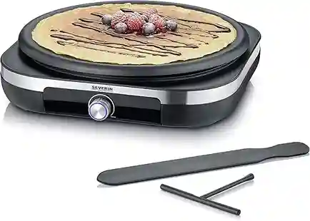 SEVERIN Crepe Maker mit abnehmbarer XXL-Grillplatte (38 cm), perfekt für süße Crêpes und herzhafte Galettes, aus gebürstetem Edelstahl/Schwarz mit 1.500 W Leistung.