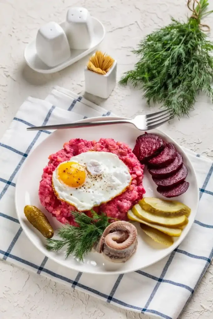 Labskaus Rezept – Nordisches Gericht mit Spiegelei, Roter Bete, Gewürzgurken und Rollmops auf einem Teller, serviert mit frischem Dill.