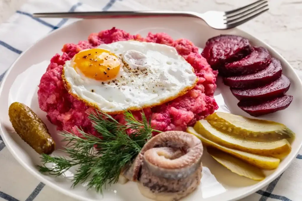 Labskaus Rezept – Traditionelles Gericht mit Spiegelei, Roter Bete, Gewürzgurken, Rollmops und Dill auf einem Teller.