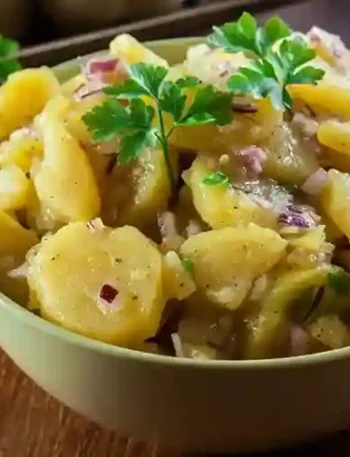 Ein authentischer DDR Kartoffelsalat ohne Mayonnaise in einer Schüssel, zubereitet mit Essig-Öl-Dressing, roten Zwiebeln und frischen Kräutern.