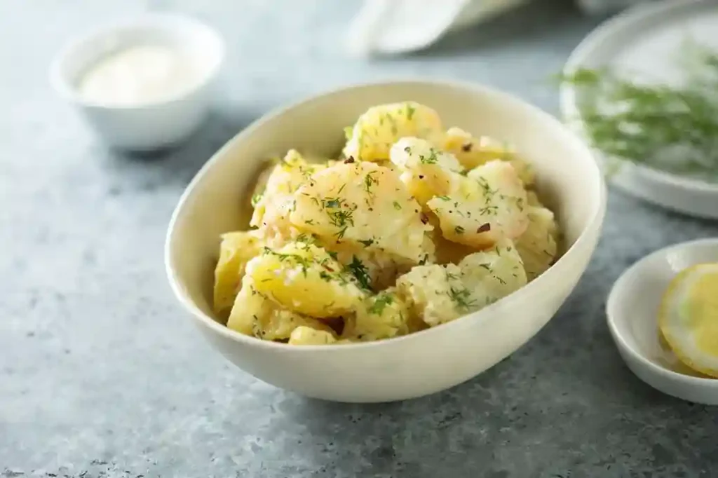 Eine Schüssel DDR Kartoffelsalat ohne Mayonnaise, zubereitet mit Essig-Öl-Dressing, frischen Kräutern und klassischen Zutaten aus der Ostdeutschen Küche.