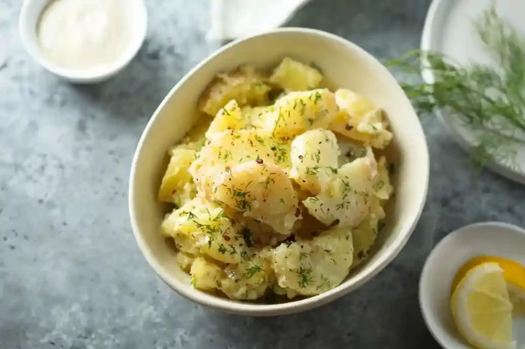 Eine Schüssel mit DDR Kartoffelsalat ohne Mayonnaise, verfeinert mit frischen Kräutern und Essig-Öl-Dressing – ein traditionelles Rezept aus Ostdeutschland.