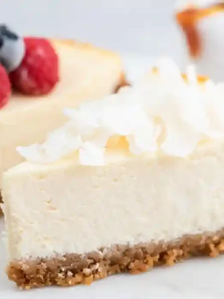 Ein cremiger veganer Cheesecake ohne Backen mit knusprigem Nussboden, garniert mit Kokoschips und frischen Beeren, serviert auf einem weißen Teller.