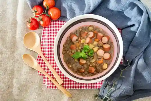 Linsensuppe Schnellkochtopf – Deftige Linsensuppe mit Würstchen und Gemüse, serviert mit frischen Kräutern.