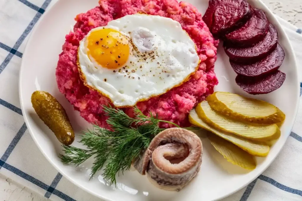 Labskaus Rezept auf einem Teller, serviert mit Spiegelei, Rote Bete, Gewürzgurken und Rollmops.