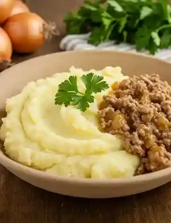 Ein Teller mit cremigem Kartoffelbrei und herzhafter Gehacktesstippe – ein klassisches Rezept Gehacktesstippe DDR, serviert mit frischer Petersilie und Zwiebeln auf einem rustikalen Holztisch.