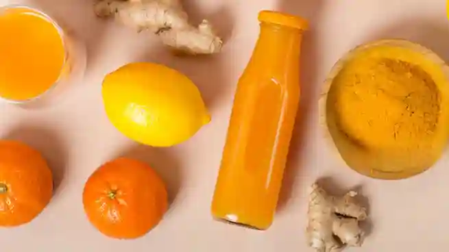 Eine Flasche selbstgemachter Ingwer Shot mit Orange und Kurkuma, umgeben von frischen Orangen, Zitronen, Ingwer und Kurkumapulver.