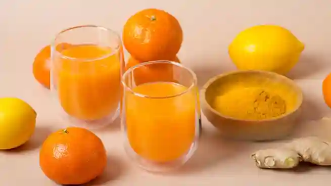 Zwei Gläser Ingwer Shot mit Orange und Kurkuma, umgeben von frischen Orangen, Zitronen, Ingwer und einer Schale mit Kurkumapulver.