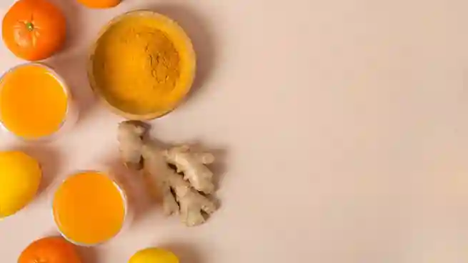 Gläser mit Ingwer Shot mit Orange und Kurkuma, umgeben von frischen Orangen, Zitronen, Ingwer und einer Schale Kurkumapulver auf einer neutralen Unterlage.