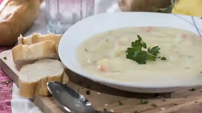 Ein Teller cremige Kartoffelsuppe mit frischer Petersilie, serviert mit Baguettescheiben – ein köstliches Kartoffelsuppe Rezept vegetarisch.