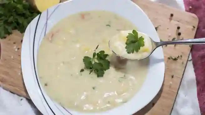 Ein Teller cremige Kartoffelsuppe, garniert mit Petersilie, und ein Löffel mit einer Portion Suppe – das perfekte Kartoffelsuppe Rezept vegetarisch.