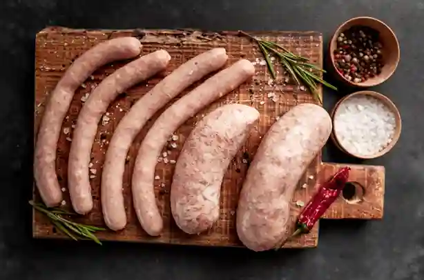 Hausgemachte Wurst auf Holzbrett mit Salz, Pfeffer und Kräutern – Perfektes Rezept Wurst