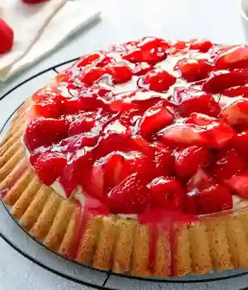 Ein köstlicher Erdbeerkuchen mit Biskuitboden, frischen Erdbeeren und einer cremigen Schicht, perfekt für den Sommergenuss.