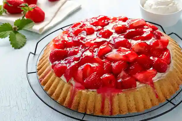 Ein köstlicher Erdbeerkuchen mit Biskuitboden, frischen Erdbeeren und einer cremigen Schicht, perfekt für den Sommergenuss.