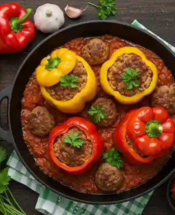Gefüllte Paprika mit Hackfleisch in einer schwarzen Schmortopfpfanne mit würziger Tomatensoße, umgeben von frischen Zutaten wie Petersilie, Knoblauch und bunter Paprika.