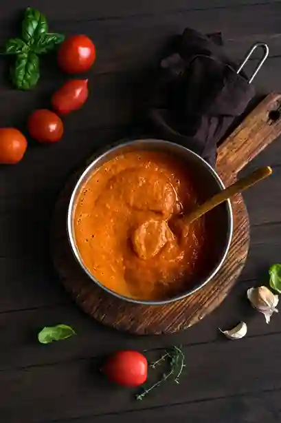 Frisch gekochte Tomaten Sahne Soße in einem Topf, umgeben von frischen Tomaten, Knoblauch und Basilikum.