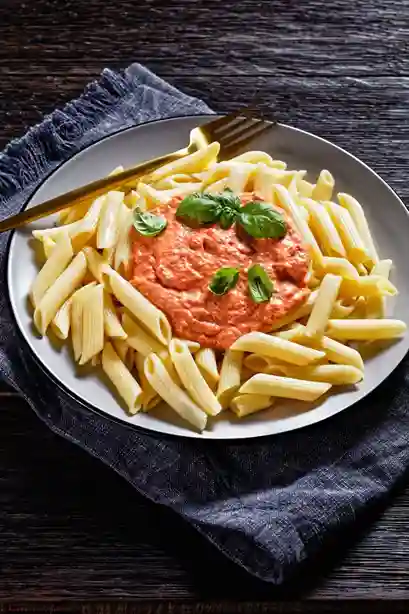 Pasta mit cremiger Tomaten Sahne Soße und frischem Basilikum auf einem Teller angerichtet.