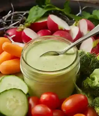Avocado Dressing in a jar served with fresh vegetables like cucumbers, carrots, tomatoes, and broccoli.