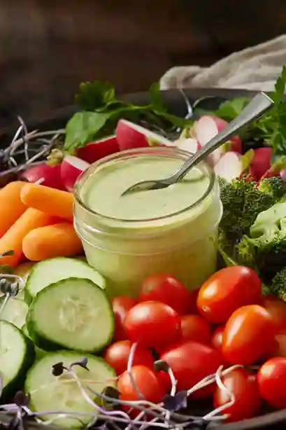 Salat mit Avocado Dressing, serviert mit frischen Gemüse wie Gurken, Karotten, Tomaten und Brokkoli.