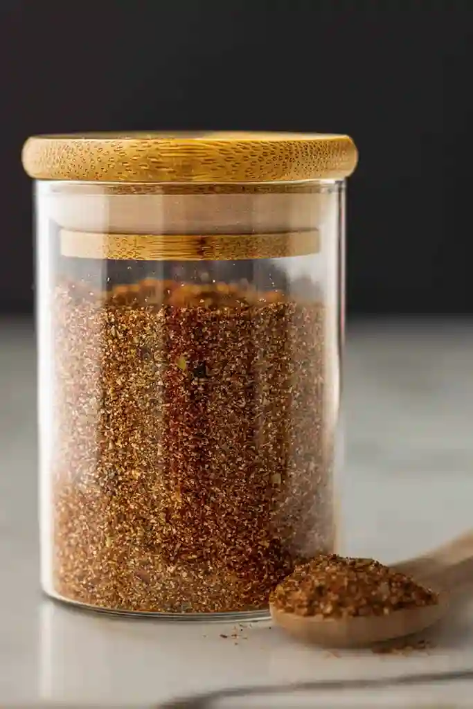 Taco und Burrito Gewürzmischung in einem Glasbehälter, bereit für den Einsatz.
