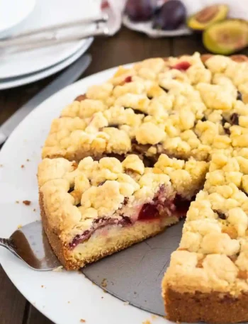 Omas Zwetschgenkuchen mit Streusel auf weißem Kuchenteller serviert