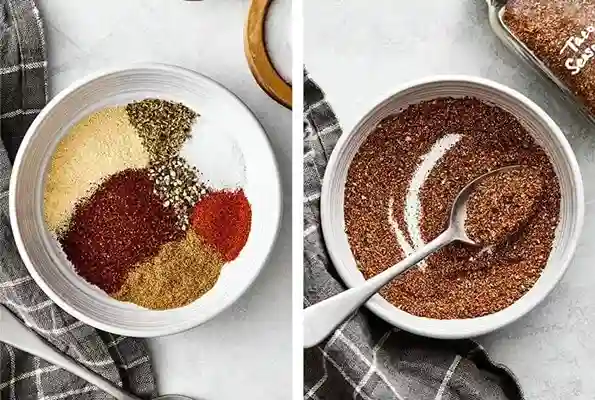 Zubereitung der Taco Gewürzmischung: Gewürze in einer Schale vor dem Mischen und die fertige Mischung nach dem Vermengen.