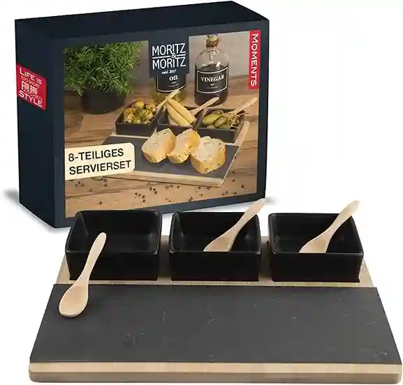 Moritz & Moritz Dip-Schalen-Set aus Keramik mit Holz- und Schieferplatte – stilvolles Servierset für Dips, Snacks und Saucen