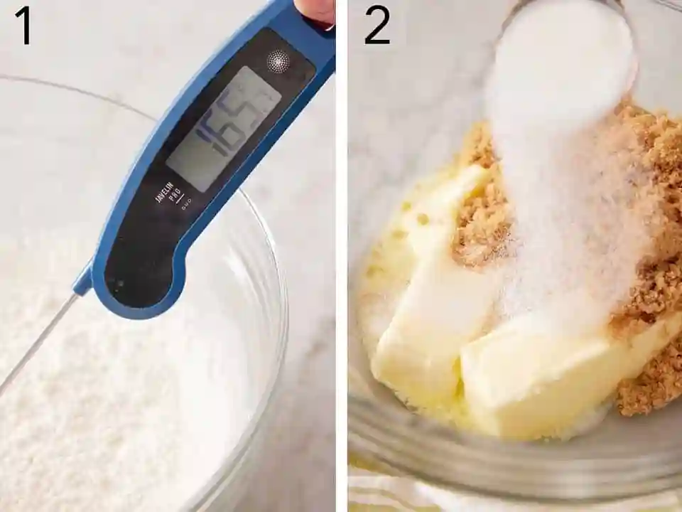 Zubereitung von essbarem Cookie Dough rezept: Mehl mit Thermometer bei 165 °F geprüft und Butter mit braunem und weißem Zucker verrührt.
