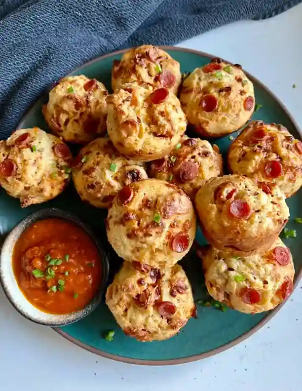 Pizza Muffins mit Peperoni auf grünem Teller, serviert mit Tomatendip – schnelle Pizzamuffins als herzhafte Muffins Pizza.
