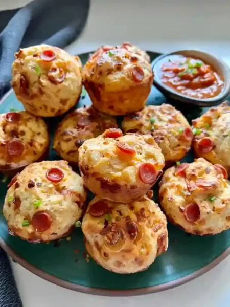 Pizza Muffins mit Peperoni auf grünem Teller – schnelle Pizzamuffins als herzhafte Muffins Pizza mit Dipsauce.