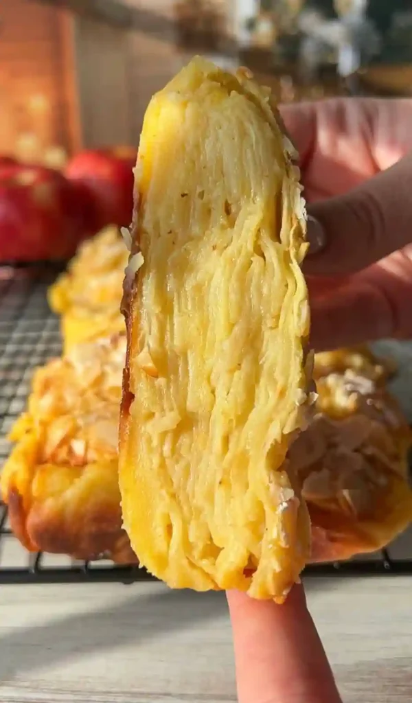 Nahaufnahme eines Stücks französischer unsichtbarer Apfelkuchen mit feinen Apfelschichten.