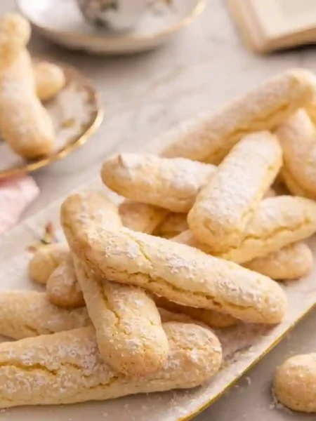 Frisch gebackene Löffelbiskuit auf einer Platte – klassisches Löffelbiskuit Rezept einfach selber machen