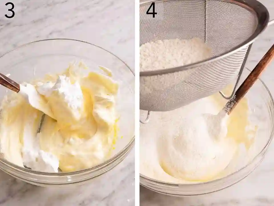 Eischnee unterheben und Mehl für Löffelbiskuit Teig sieben