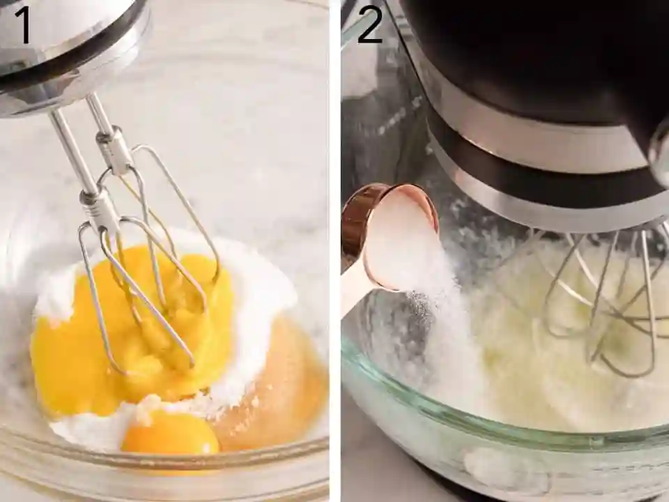 Eischnee und Eigelb mit Zucker schlagen für Löffelbiskuit Teig
