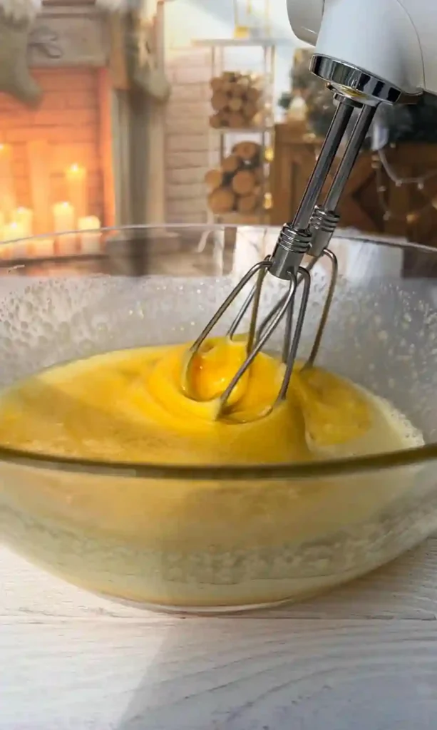 Eier und Zucker werden mit einem Handmixer in einer Glasschüssel cremig gerührt – Zubereitungsschritt für französischer unsichtbarer Apfelkuchen.