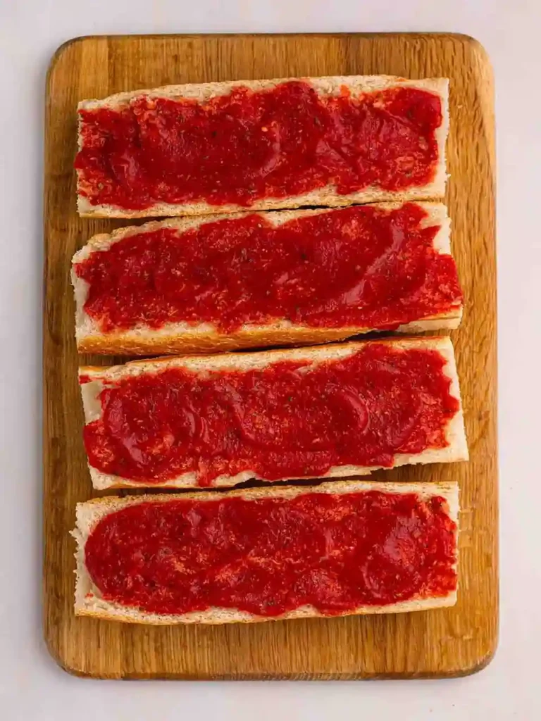 Pizza Baguette Rezept – Baguettehälften mit Tomatensoße bestrichen auf Holzbrett