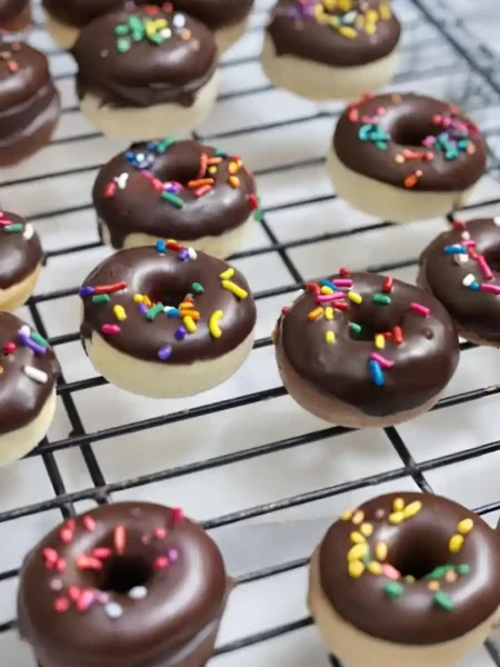 Mini Donuts im Backofen mit Schokoglasur und bunten Streuseln auf Gitterrost