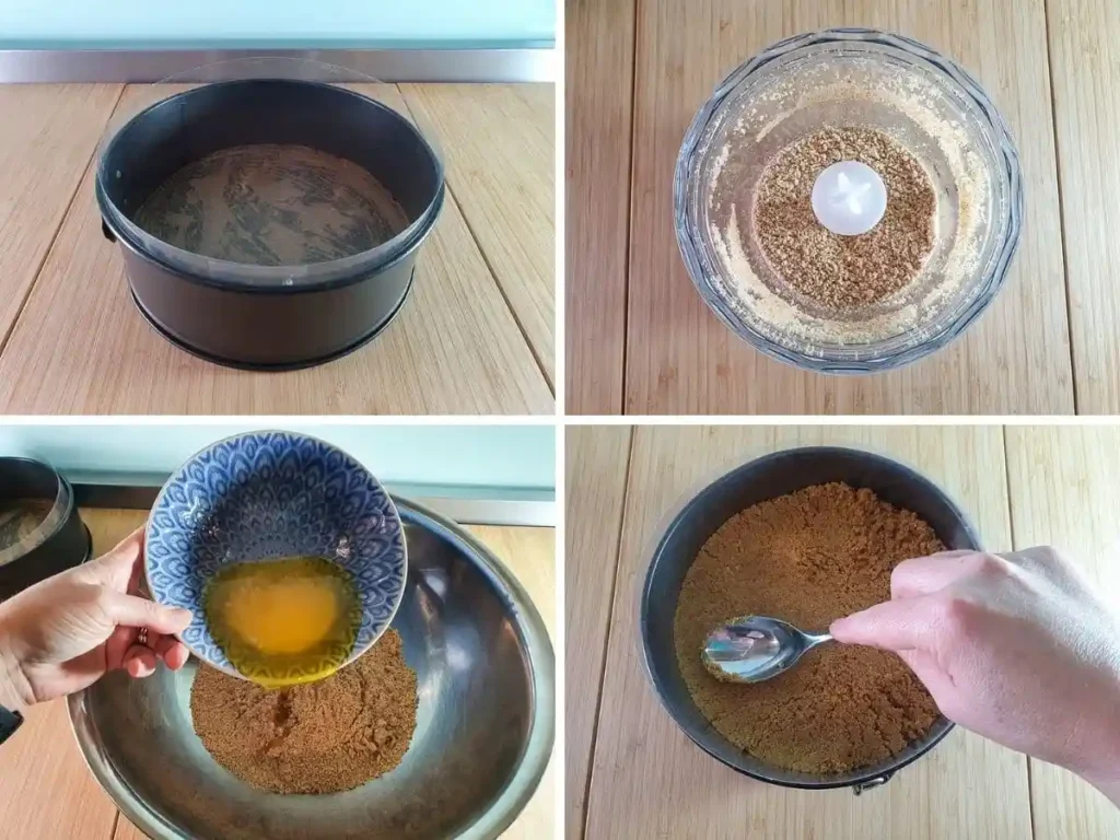 Philadelphia Kuchen ohne Backen: Keksboden mit zerkrümelten Keksen und geschmolzener Butter im Tortenring zubereiten
