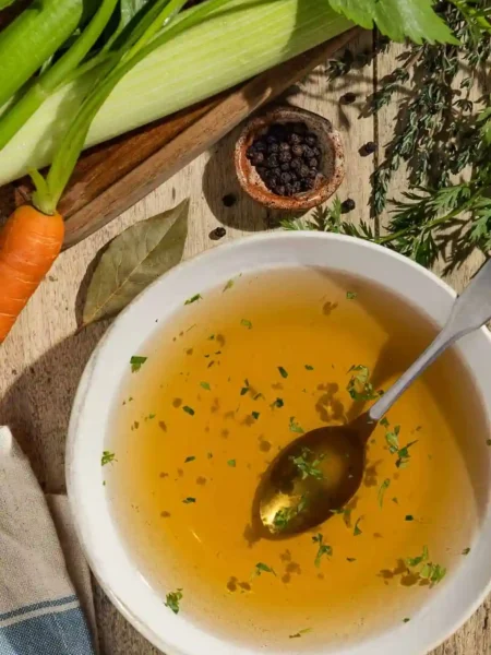 Hausgemachte Gemüsebrühe ohne Salz in einer Schüssel, umgeben von frischem Bio-Gemüse, Lorbeerblatt und Pfeffer – fettfrei, glutenfrei und perfekt zum Abnehmen