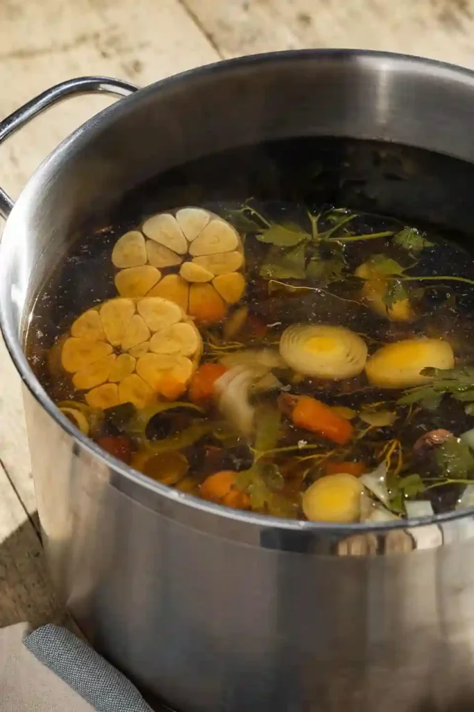 Gemüsebrühe selber machen im Topf mit Knoblauch, Lauch und Kräutern