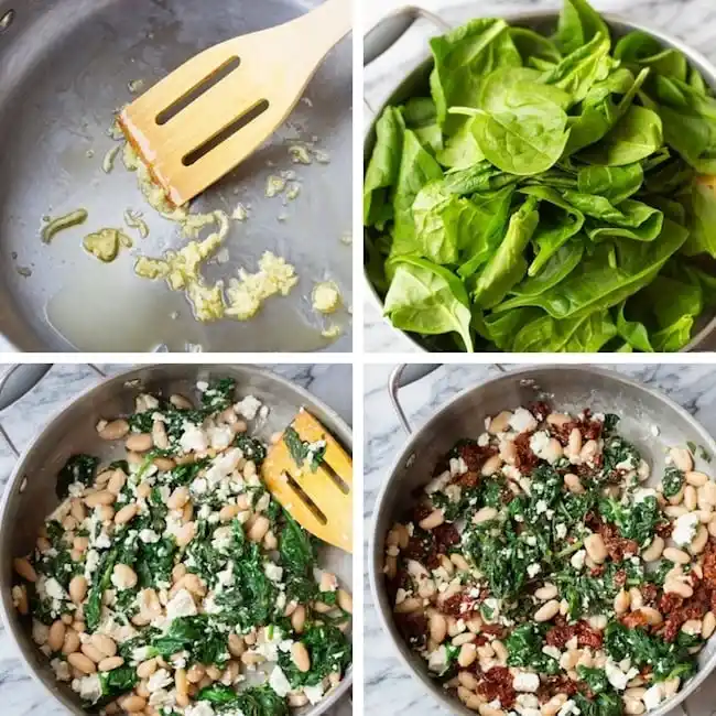 Zubereitung der Füllung für gefüllte Süßkartoffeln mit Spinat, Feta und weißen Bohnen in vier Schritten