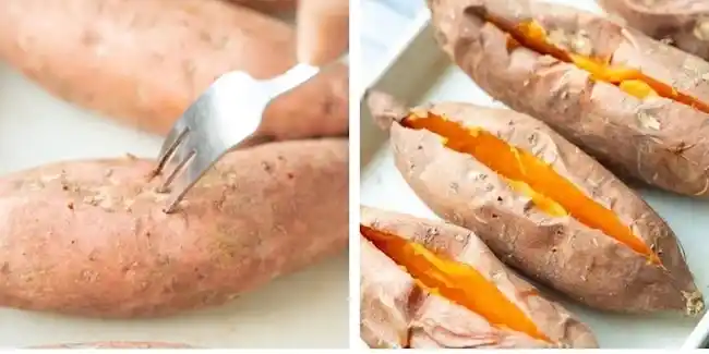 Süßkartoffeln mit Gabel eingestochen und nach dem Backen im Ofen eingeschnitten