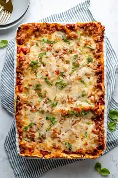 Frisch gebackene vegane Lasagne mit Gemüse und veganem Käse
