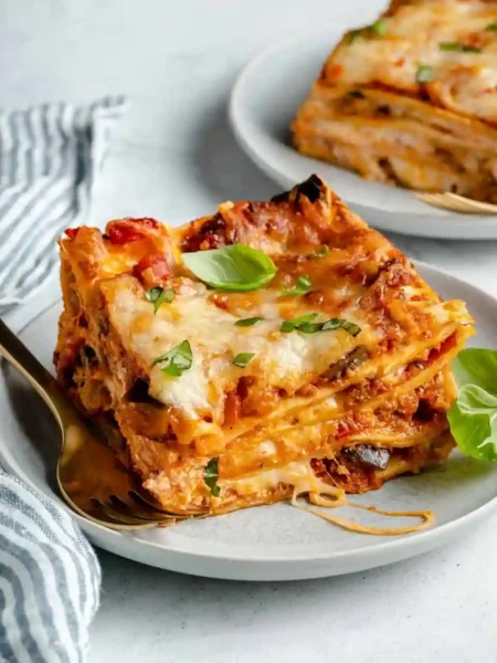 Vegane Lasagne Bolognese mit Gemüse und geschmolzenem veganem Käse auf einem weißen Teller, serviert mit frischem Basilikum