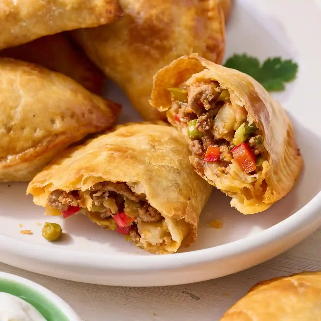 Empanadas rezept: Geöffnete Empanada mit Rindfleisch, Paprika, Erbsen und Kartoffeln – argentinische Teigtasche mit hausgemachter Füllung
